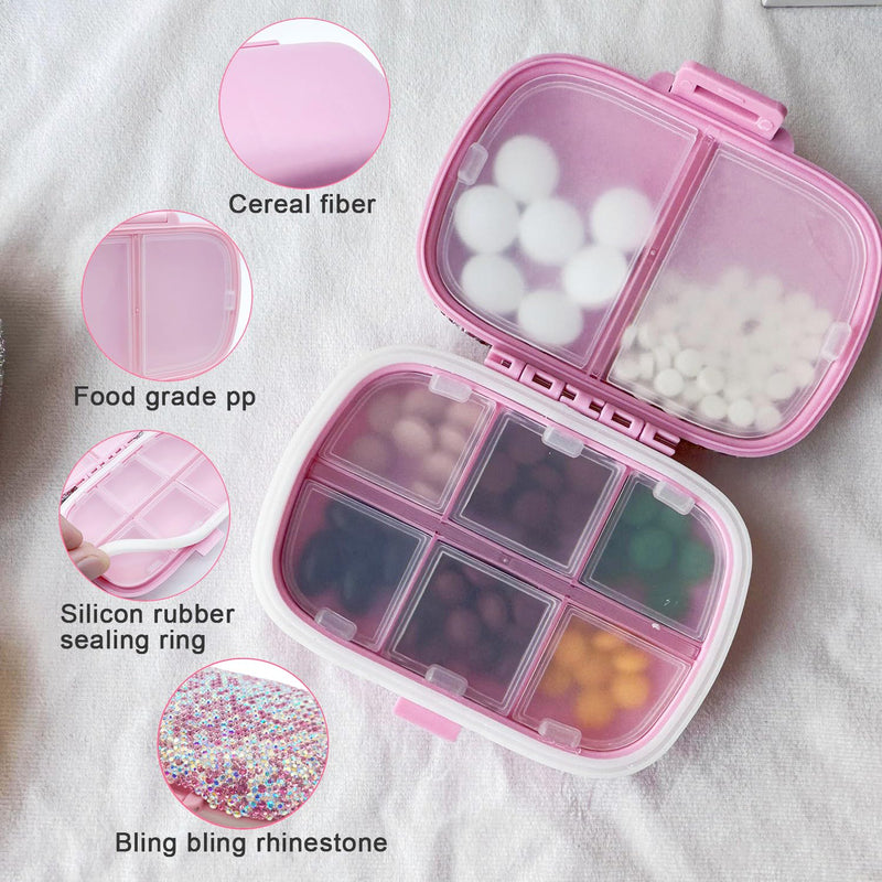 Bling Pill Case for Purse Medicine Vitamin Container Holder with Stickers | Pocket Pill Case Round Medicine Organizer for Vitamin/Fish Oils/Supplement Travel Medicine Kit 8 Compartment Pink