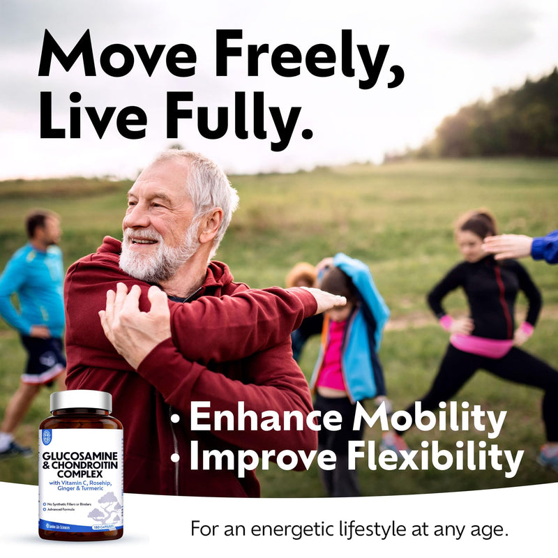Glucosamine and Chondroitin Complex 1500mg, 180 Capsules, Up to 6 Months Supply – High Strength Joint Support with MSM, Vitamin C, Turmeric, Ginger & Rosehip | London Life Sciences