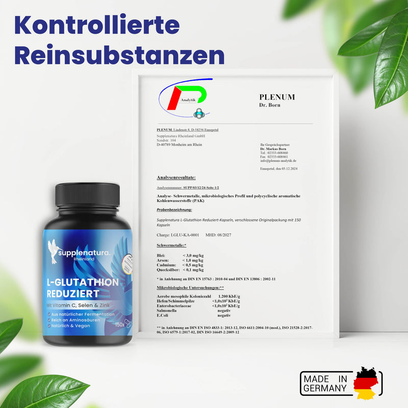 [Australia] - L Glutathione reduced (XXL supply) 150 capsules | 1000mg daily dose | Fermented & reduced PREMIUM: with vitamin C, selenium & zinc | Laboratory tested, vegan - SUPPLENATURA® 150 pieces (pack of 1) 