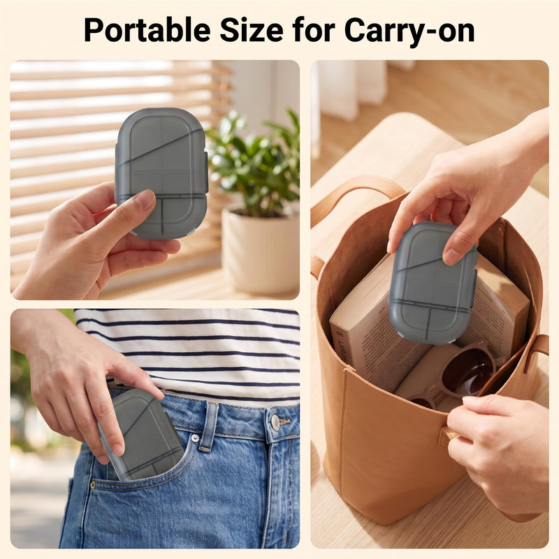Foldable Travel Pill Organizer Box, 8 Compartments, Black | Double Protection, Weekly Medicine Container, Portable Compact, For Daily Medication Vitamins Supplements