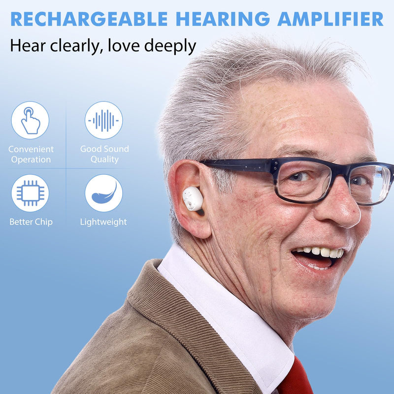 Hearing Amplifier for Seniors, Rechargeable Sound Amplifier with Noise Cancelling, Portable Charging Case, Invisible Design, Voice Enhancer Devices for Adults to Clear Sound of Elderly white