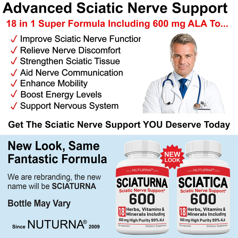 Sciatica Nerve Relief Supplement with 600 mg Alpha Lipoic Acid - Maximum Strength ALA Sciatic Support for Feet, Hands, Fingers, and Legs - Ultra Potent 18-in-1 Natural Nerve Vitamins - 120 Capsules