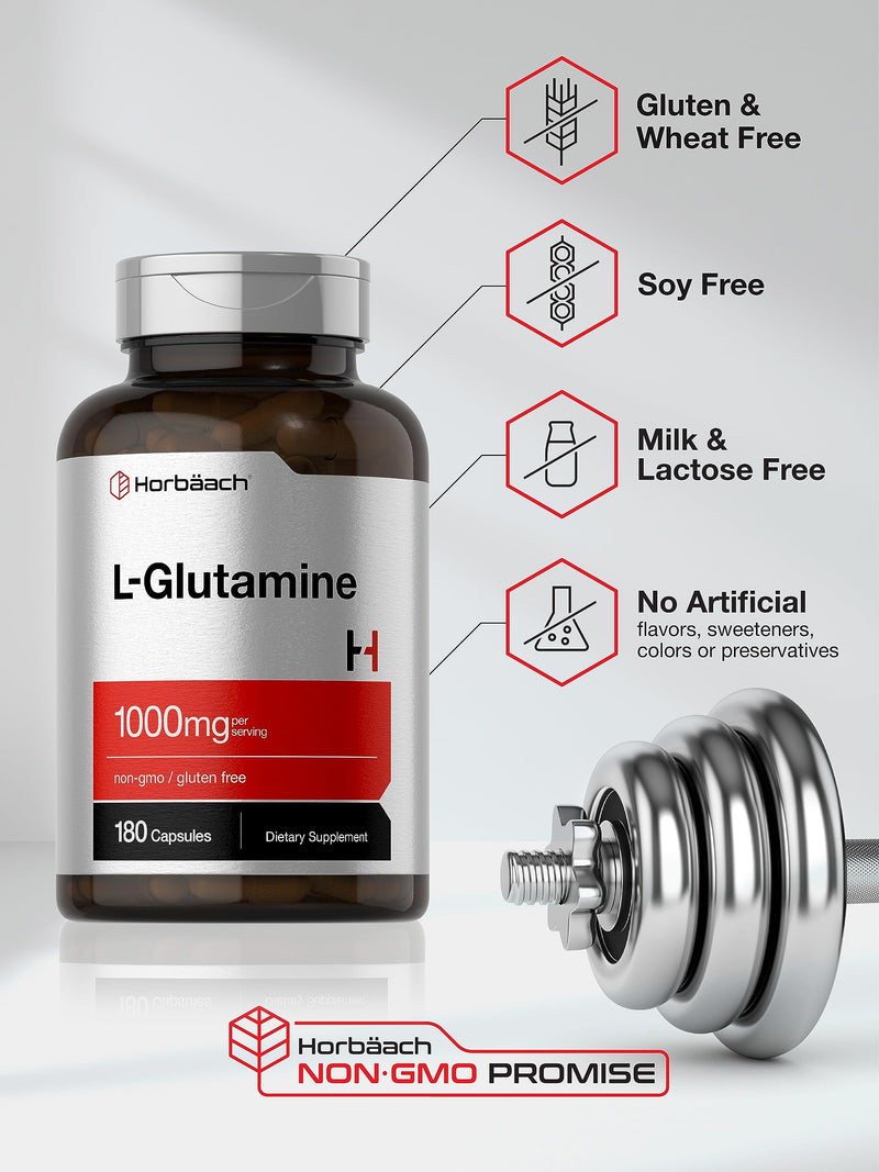 Horbäach L Glutamine Capsules | 1000mg | 180 Count | Pre and Post Workout | Non-GMO, Gluten Free Supplement