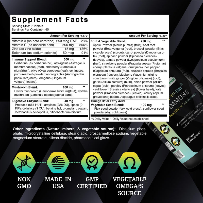 Best Naturals Day-to-Day Immune Food Baded Supplements 90 Tablets - Made in The USA with Mushroom Blend, Digestive Enzyme Blend, Fruit & Vegetable Blend