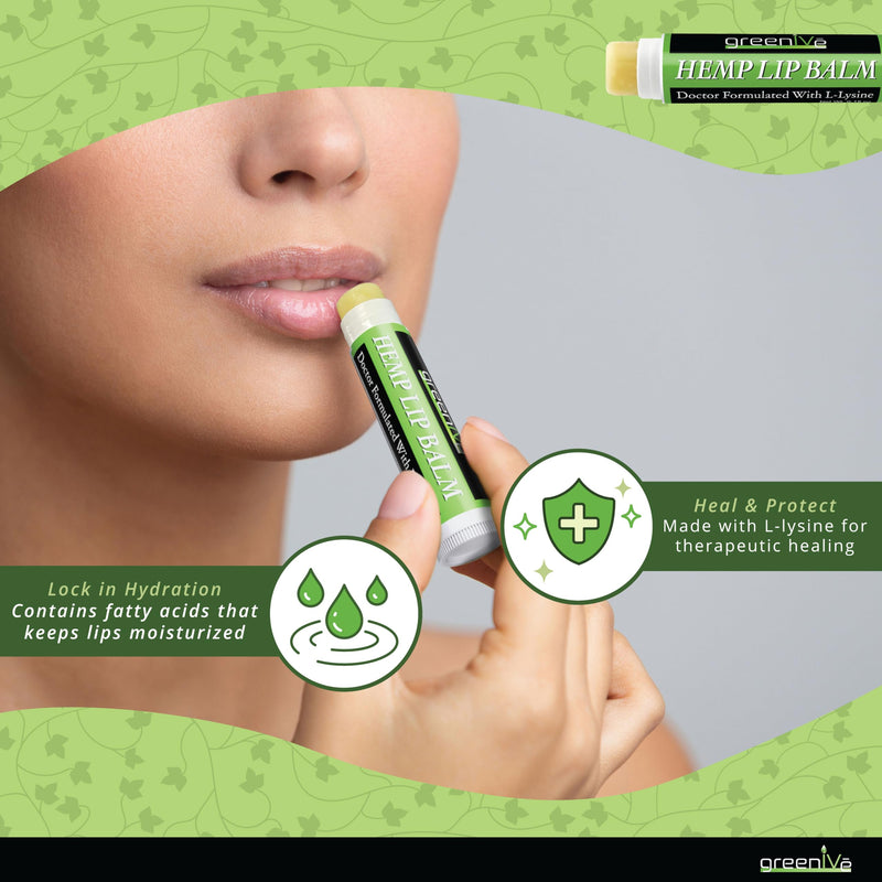 GreenIVe Hemp Lip Balm Vegan Hemp Seed Oil Omegas 3 6 Vitamin E L-Lysine Hydrating Handcrafted Natural Lip Care Chap Stick Moisturizing Balm for Dry Lips Cracked Lips Sensitive Lips (1) 1