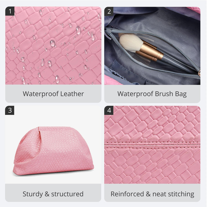 BOYATU Travel Makeup Bags for Women: Woven Large Capacity Make up Bag | 3 Pcs Compact Cosmetic Set Organizer for Purse - Elegant Evening Waterproof Leather Toiletry Clutch Gift Women(Pink) 04-Light Watery Pink