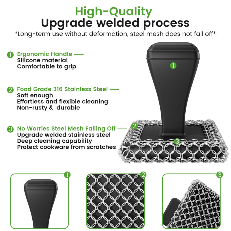[Australia] - Cast Iron Scrubber & Cleaner Scraper Kit - Upgraded Handle 316L Stainless Steel Chainmail Scrubber for Cast Iron Pans, Dish Scrub Brush Scouring Pad for Cookware Corners Deep Cleaning - Black 