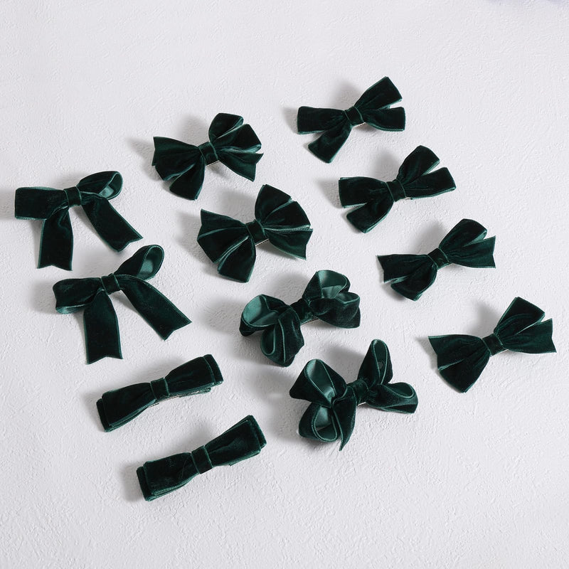 Christmas Dark Green Velvet Ribbon Hair Bow Clips 3" Cute Fall Dress Bow Alligator Barrettes for Toddler Teen Baby Girls Kids Holiday Party Decor Accessories Xmas Gift Set of 12
