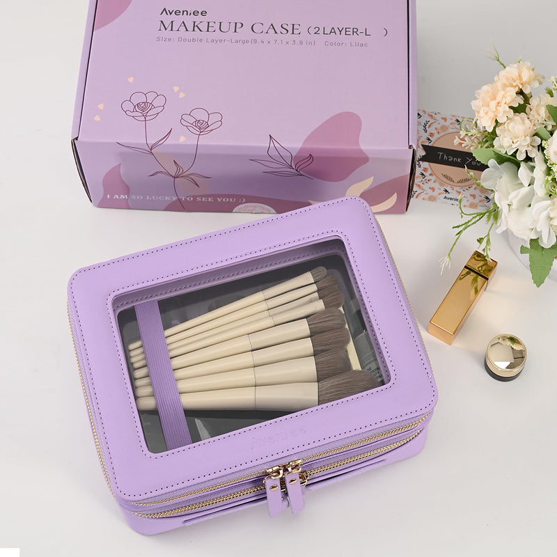 Aveniee Clear Makeup Bags, Double Layer Cosmetic Bags with a Separate Brush Compartment, Large Travel Toiletry Bag Train Case for Women, Travel Accessories Organizer.2 Layers Large, Lilac Dual Layer Large