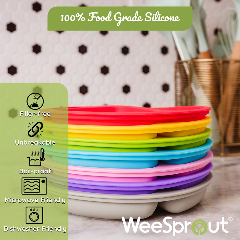 WeeSprout Silicone Plates with Lids for Babies & Toddlers (3 Pack) 100% Food-Grade Dishes for Self Feeding, Divided Design & Raised Edges for Picky Eaters, Dishwasher & Microwave Safe Weaning Supplies Bright Pink, Purple & Yellow