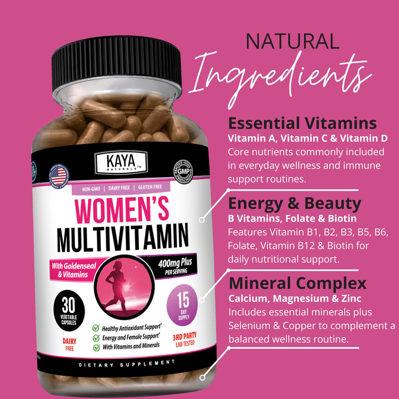 Kaya Naturals Women’s Multivitamin with B Vitamins, Biotin, Zinc, 30 Count | Women’s Daily Multivitamin; Vitamins A, C, D, E, B6 & B12; Biotin, Zinc & Selenium; Botanical Wellness Blends 30 Count (Pack of 1)