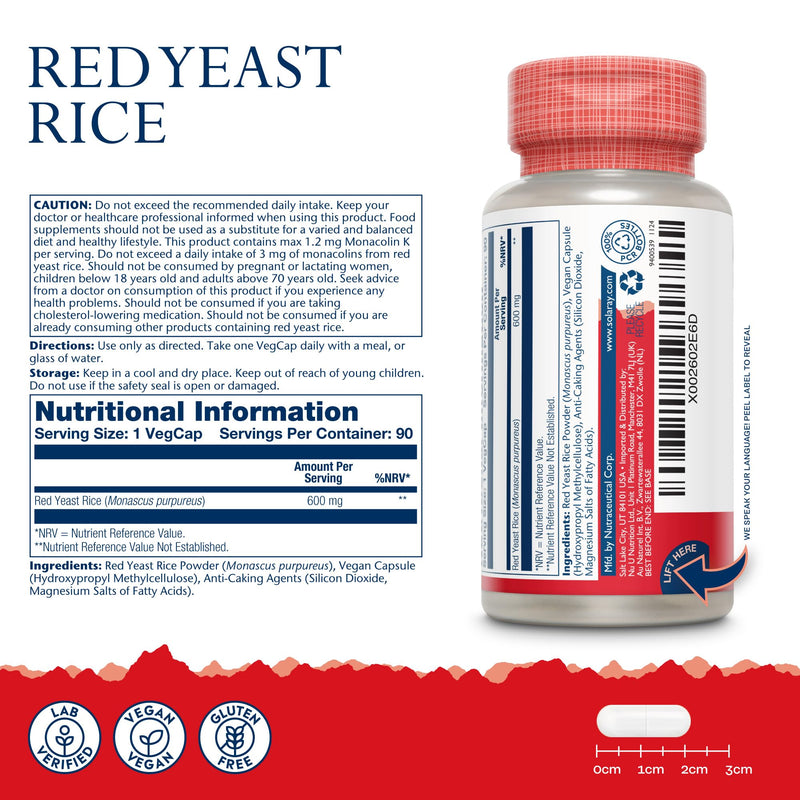 Solaray Red Yeast Rice 600mg - 90 Vegan Capsules - High Strength Herbal Supplement from Monascus Purpureus with Monacolin K - Lab Verified, GMO & Gluten Free