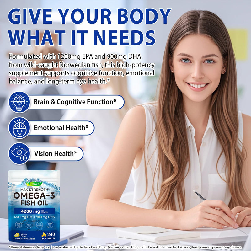 Omega 3 Fish Oil Supplements,4200mg Per Serving| EPA 1200mg + DHA 900mg | Lemon Flavored | 240 Softgels |Non-GMO, Gluten-Free, No Aftertaste