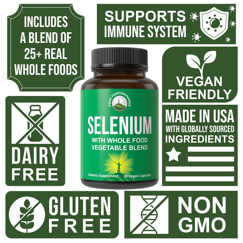 [Australia] - Selenium Supplement with Whole Food Blend of 25+ Vegetables and Fruits for Max Absorption. Pure Selenium Vegan Capsules for Immune System, Thyroid Support, Heart Health, Prostate Support. 30 Pills 