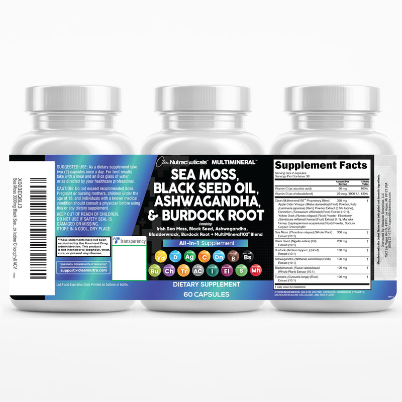 [Australia] - Clean Nutraceuticals Sea Moss Black Seed Oil Ashwagandha Turmeric Bladderwrack Burdock & Vitamin C Vitamin D3 with Elderberry Manuka Dandelion Yellow Dock Iodine Chlorophyll ACV 