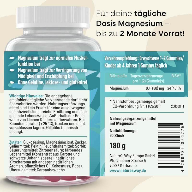 [Australia] - Magnesium Gummies high dosage - 90mg magnesium for children & adults made from magnesium citrate for muscles and nerves - laboratory tested vegan alternative to capsules & tablets - 60 pieces high dosage 