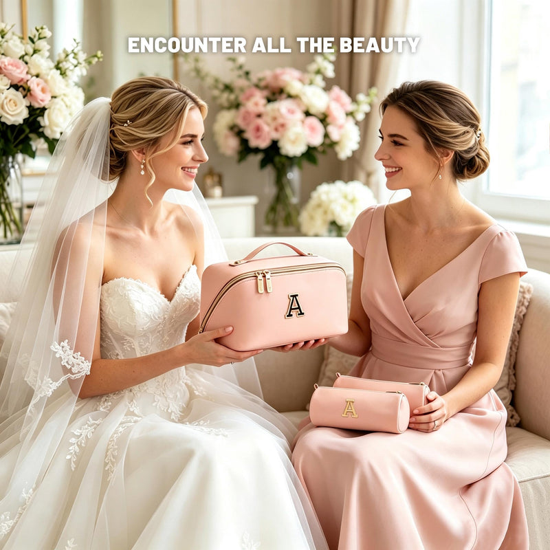 BOYATU Personalized Travel Makeup Bag: 3-in-1 Cosmetic Bag Gift for Women | Initial Make up Bag Organizer - Custom Letters A-Z - Flat Open Portable Toiletry Bag for Birthday Graduation Anniversary Pink K