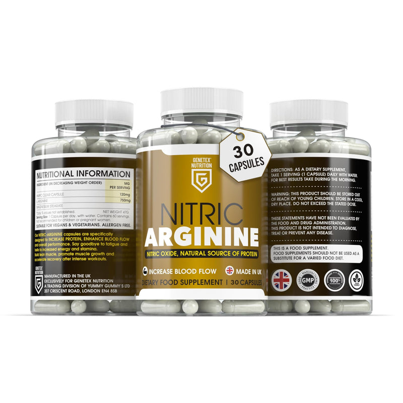 Nitric L-Arginine Nitric Oxide Booster | Natural Protein Source Supplement | Testosterone Supplements for Men | Supports Performance, Energy & Stamina, Vegan & Vegetarian Friendly, 30 UK Made Capsules