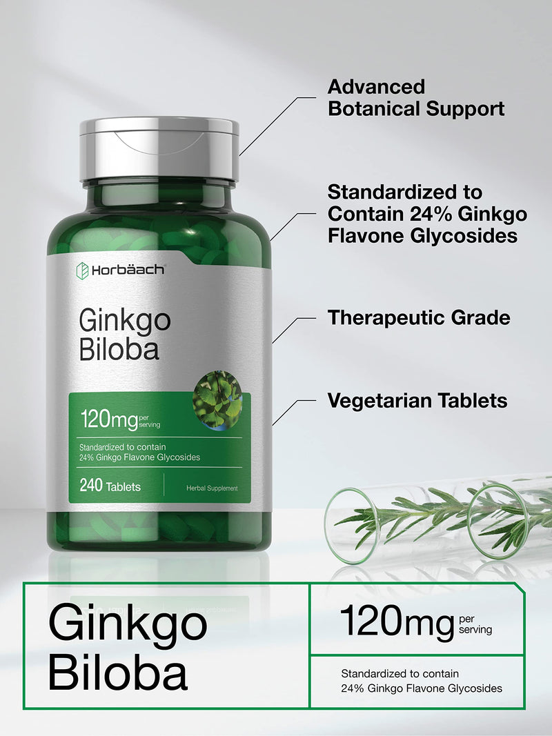 Horbäach Ginkgo Biloba 120mg | 240 Tablets | Gluten Free & Non-GMO Supplement