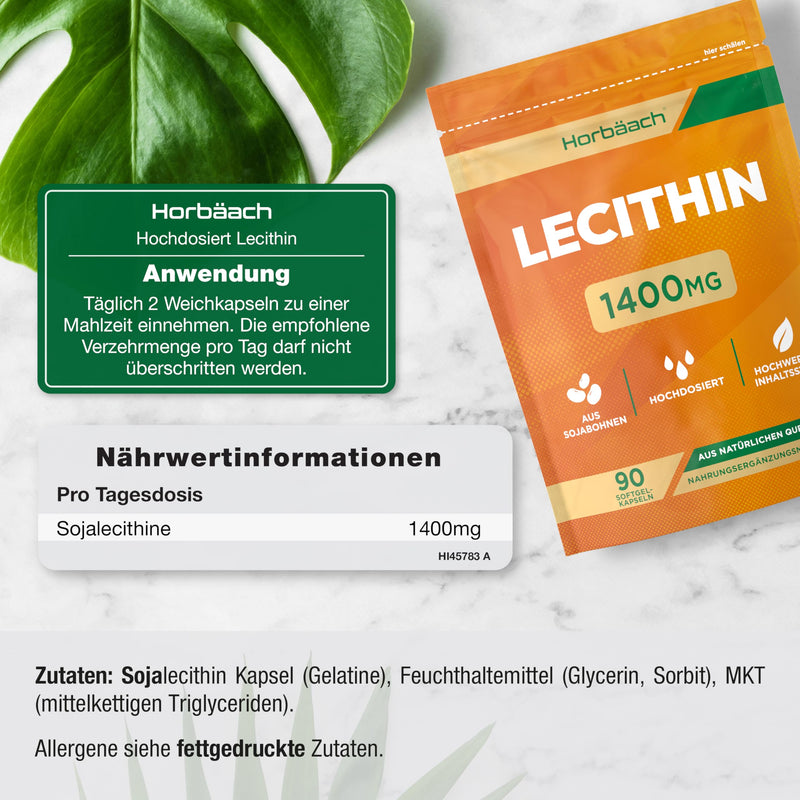 [Australia] - Lecithin capsules 1400mg | High dosage | 90 soy lecithin softgels | Breastfeeding vitamins with vitamin E | Soy lecithin | Horbaach 