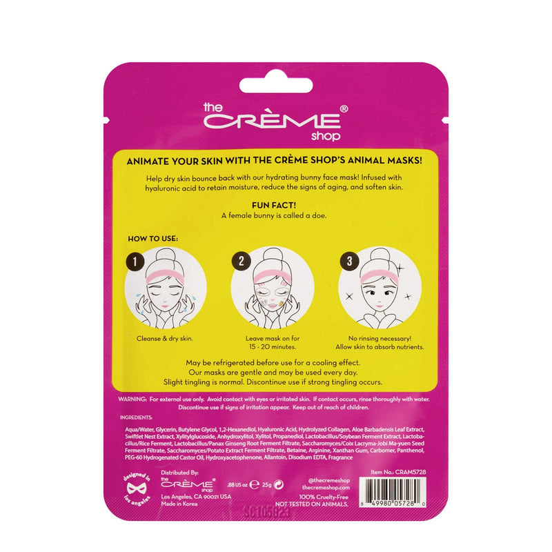 The Crème Shop Animal Sheet Mask, Korean, Hydrating, Collagen, Vitamin C, Anti-Aging - Pack of 3 (Bunny)