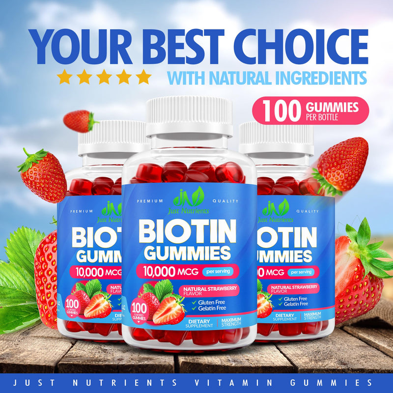 Biotin 10,000mcg Gummies for Hair Growth, Skin & Nails (100 Count) | 2x Maximum Strength Biotin Vitamins for Women & Men - Gluten-Free, Vegan, Great Tasting Strawberry Flavor 100 Count (Pack of 1)