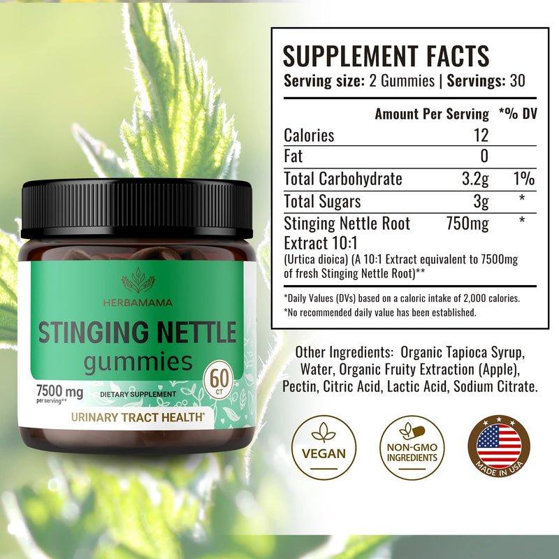 [Australia] - HERBAMAMA Stinging Nettle Root Gummies - Stinging Nettle Formula - 60 Vegan & Non-GMO Chews - 7500mg 