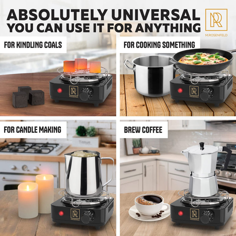[Australia] - M. ROSENFELD Hookah Coal Burner 500W with grid - Coal Burner for Hookah Cubes BLACK HEAT Hookah Charcoal Burner Electric for Shisha with grill & FREE Hookah Tongs Hookah Stove - 304 Stainless Steel 