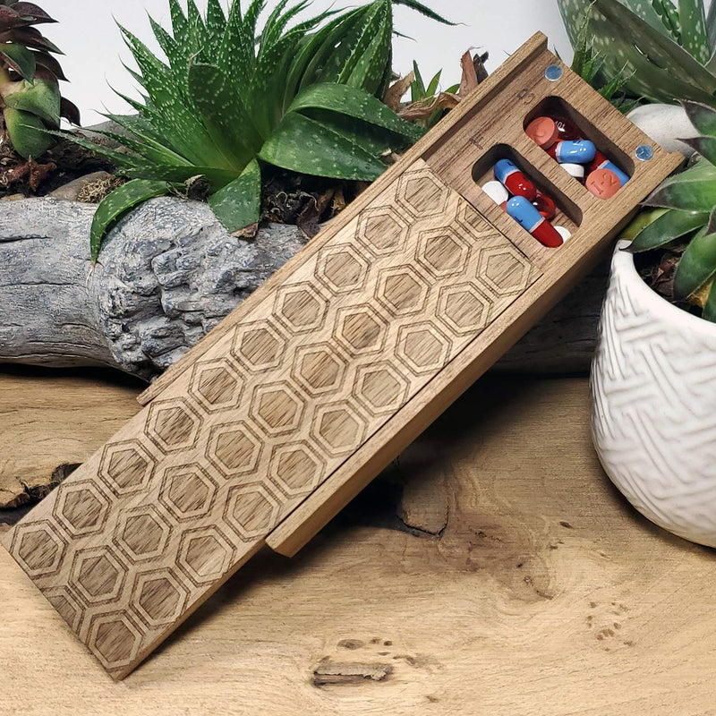 Natural Acacia Wood 7 Day Weekly Pill Box – Pill Organizer for Vitamins, Daily Supplements – Pill Container.