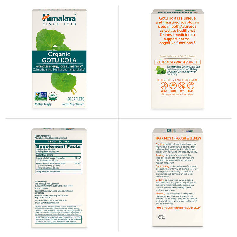 [Australia] - Himalaya Organic Gotu Kola, 45 Day Supply - Herbal Nootropic Supplement with Adaptogens for Energy, Focus, Memory, and Calming Relaxation - Vegan, Non-GMO, Gluten Free, 650 mg, 90 Caplets 