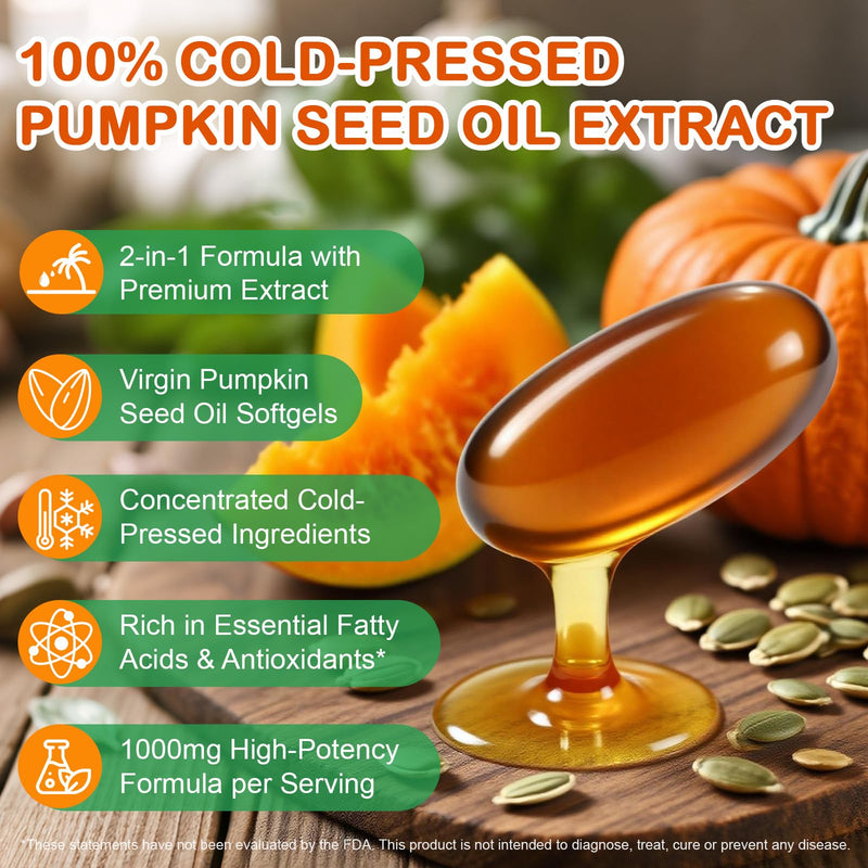 Pumpkin Seed Oil Capsules (1,000mg/serving), Cold-Pressed Pumpkin Seed Oil for Hair Growth, Prostate Health, Urinary Tract Support, 300 Softgels Supplement of Essential Fatty Acids & Zinc