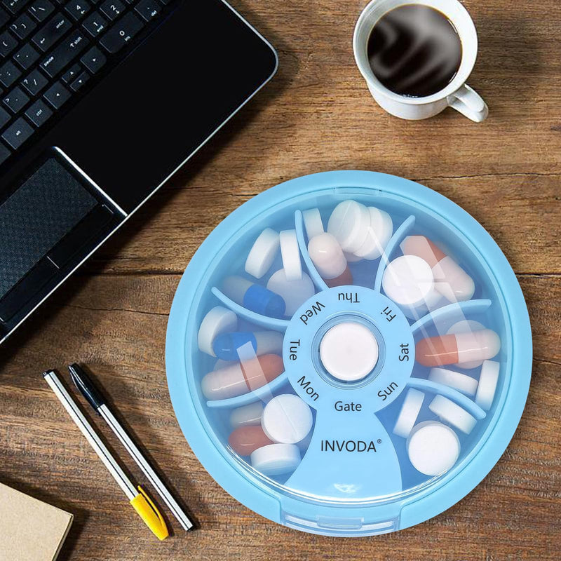 INVODA Weekly Pill Organizer with 77 Pre-Cut Medication Labels – 7 Compartment Rotating Medicine Box Daily Pill Case for Vitamins, Fish Oil & Prescriptions – BPA-Free Plastic – Compact Travel Size Blue+med Labels