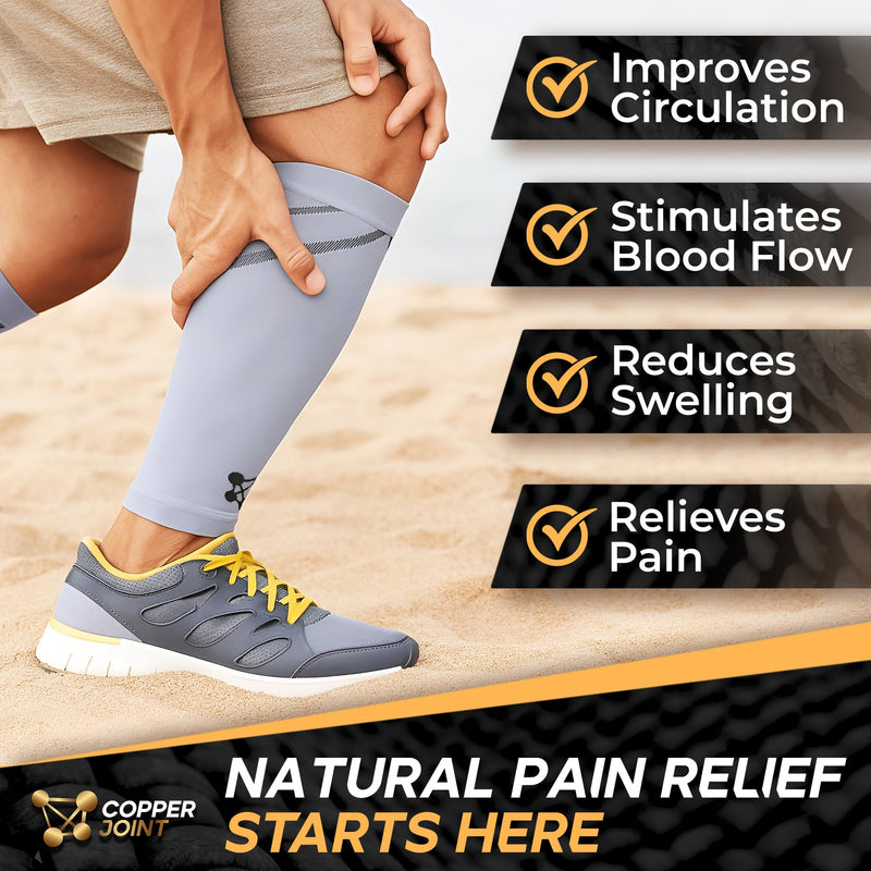 CopperJoint Running Calf Compression Sleeve Women – Easy-On Footless Calf Compression Sleeves for Men, Support Mens Leg Sleeves for Runners, Basketball, Sports, Copper Infused Nylon - Grey, Large