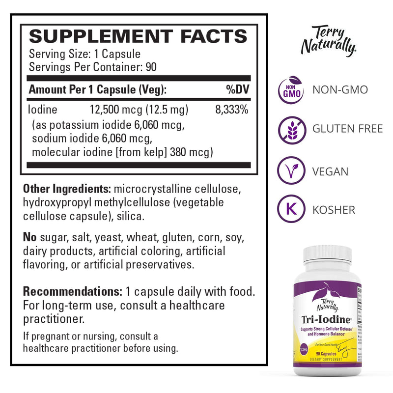 [Australia] - Terry Naturally Tri-Iodine 12.5 mg - 12500 mcg Iodine, 90 Vegan Capsules - Supports Hormone Balance, Promotes Breast & Prostate Health - Non-GMO, Gluten-Free, Kosher - 90 Servings Unflavored 