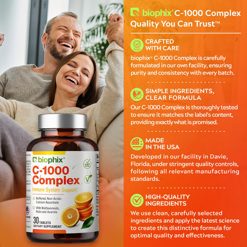 biophix Vitamin C-1000 mg 30 Tablets Complex - Vegan with Calcium Citrus Bioflavonoids Acerola Rutin - Supports Immune Health