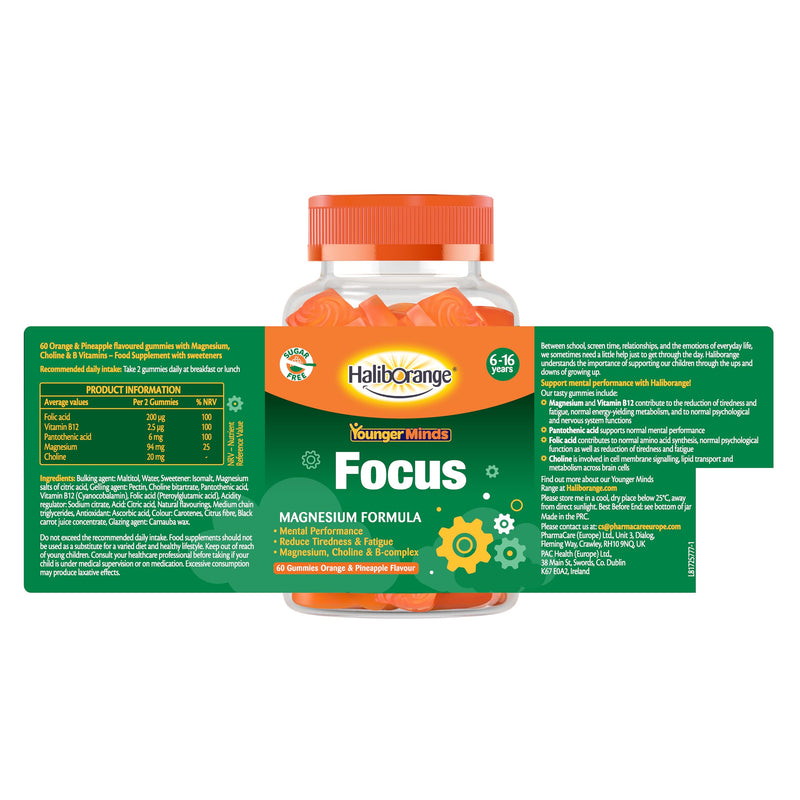 Haliborange YoungerMinds Focus Gummies for Kids 6-16 | Sugar-Free Brain Support with Magnesium, Choline & B-Vitamin Complex | Boosts Focus, Energy & Mental Performance – 60 Gummies