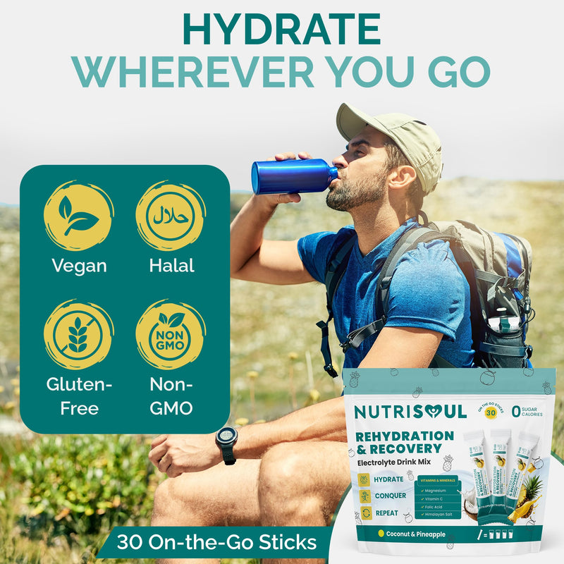 Rapid Rehydration Electrolyte Powder | Pineapple & Coconut Flavour | 30 Sachets | Vitamins C, B1, B3, B5, B9, B12, Magnesium & Himalayn Salt | Zero Sugar | Electrolytes Hydration Drink Mix