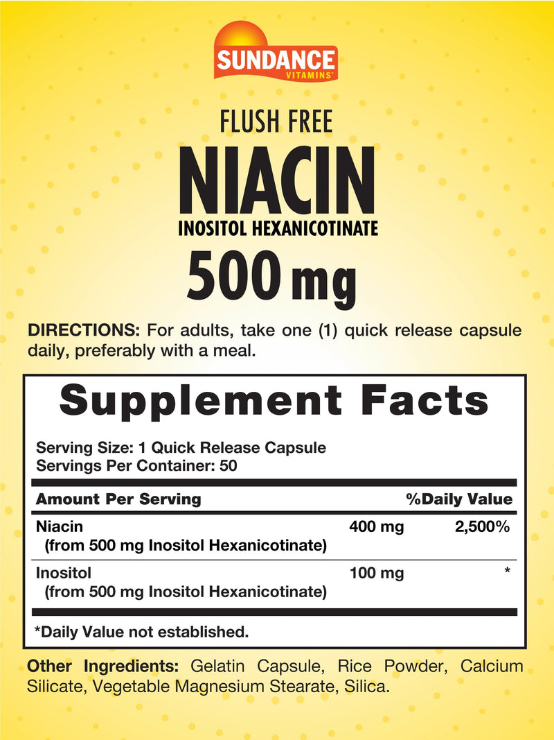 Sundance Niacin 500mg Flush Free | 50 Capsules | Essential Vitamin | Inositol Hexanicotinate | Non-GMO & Gluten Free Supplement