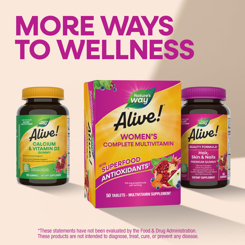 Nature's Way Alive! Complete Multivitamin for Women, Daily Vitamin, 50 ct | Women’s Vitamin Tablets Supports Cellular Energy Metabolism, Hair, Skin & Nails*, B-Vitamins, with Superfood Antioxidants 50 Count (Pack of 1)