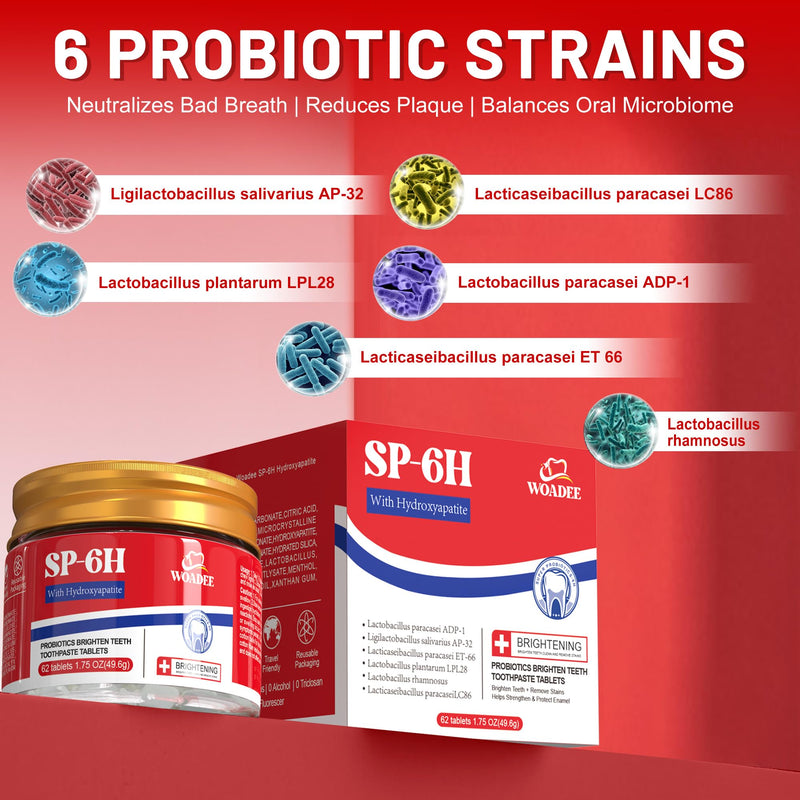 [Australia] - SP-6 Probiotics & Hydroxyapatite Toothpaste Tablets - Remineralizing Enamel Repair, Fluoride-Free Whitening, Mint Fresh Travel Tabs (62 Count) 