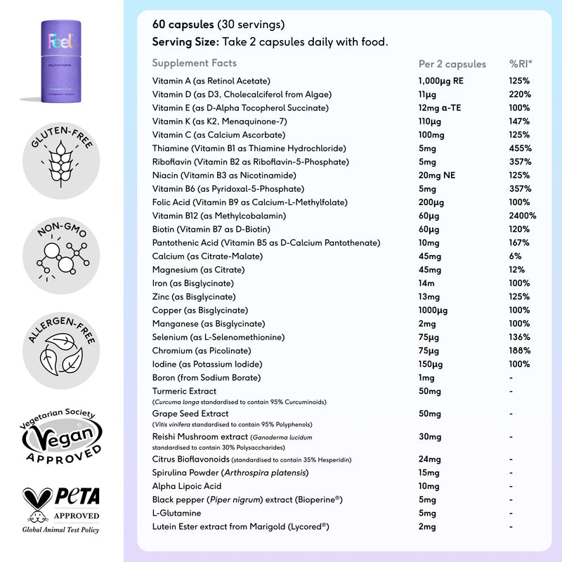 FEEL Daily Multivitamin with 32 Active Ingredients 60 Capsules | Vegan Multivitamin with Bioavailable Vitamins, Minerals, & Botanicals | Ingredients Help to Supports Energy, Immunity, & General Health