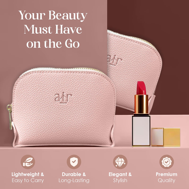 Travel Essentials Makeup Bag Set – Pink & Gray Textured Leather Cosmetic Pouches With Gold Zippers For On-The-Go Beauty – Travel Size – Gift Box Included