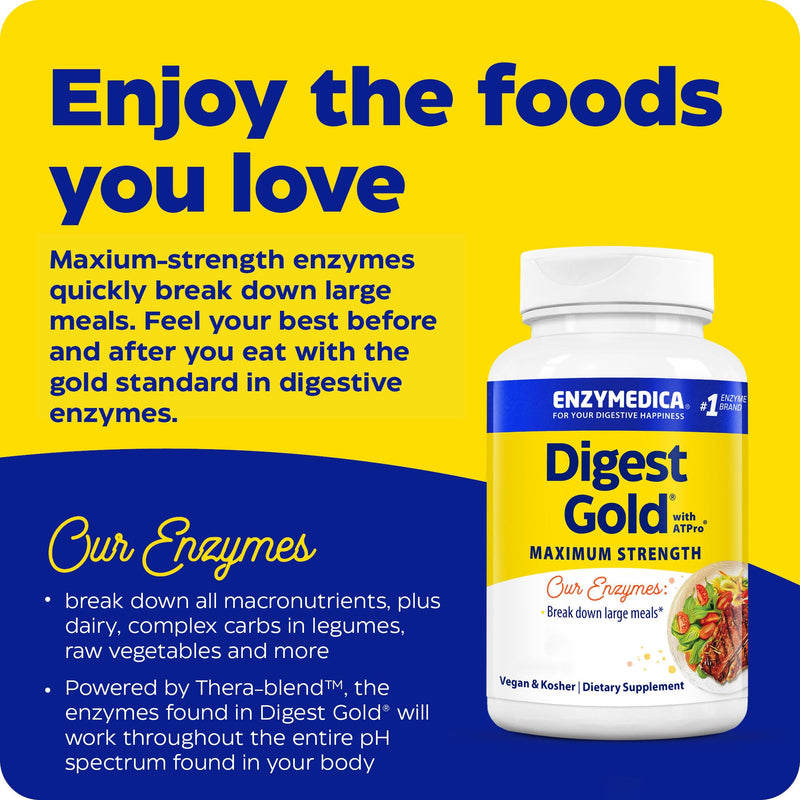 ENZYMEDICA - Digest Gold (90 Capsules) | Digestive Enzyme Supplement | Digestive Enzyme Blend with ATPro for Maximum Support, Nutrient Supplement, Gut Health Supplement, Vegan, Dairy Free