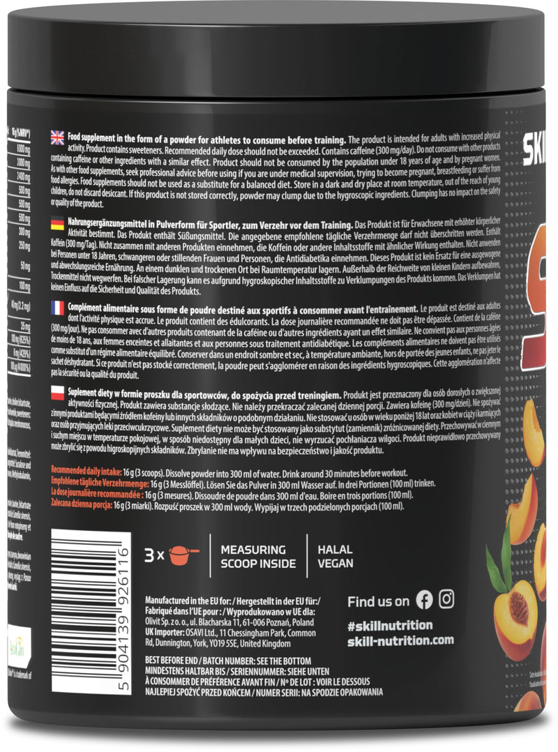 Skill Nutrition Pre-Workout Peach - No-Crash Formula with Extended-Release Caffeine | Xtenergy®, TheaGreen™, Vitacholine®, Astragin® | Vegan, Halal | B-Vitamins, Citrulline, Beta-Alanine