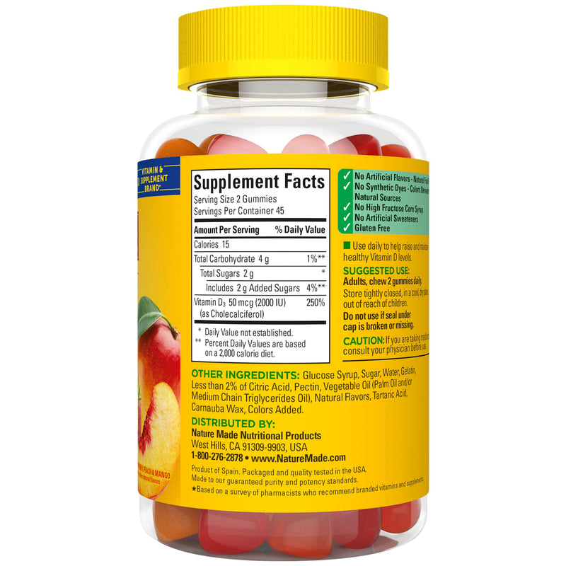 Nature Made Vitamin D3 2000 IU (50 mcg) per Serving, 90 Vitamin D Gummies | Vitamin D Gummies for Adults for Immune, Bone, Teeth and Muscle Health Support, Fruit Flavors, 45 Day Supply Strawberry, Peach, Mango 90 Count (Pack of 1)