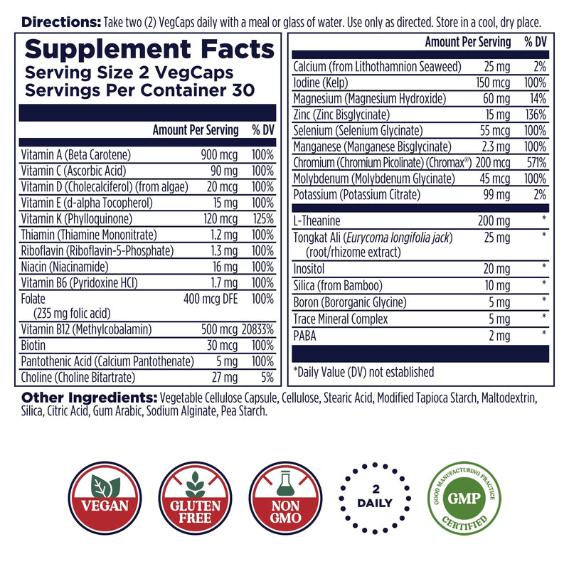 KAL Men’s 18 Plus Multivitamin - 30 Essential Vitamins and Minerals - Vitamin D, Vitamin C, Zinc and More - Male Reproductive and Cellular Energy Support - Vegan, Non-GMO - 30 Servings, 60 VegCaps