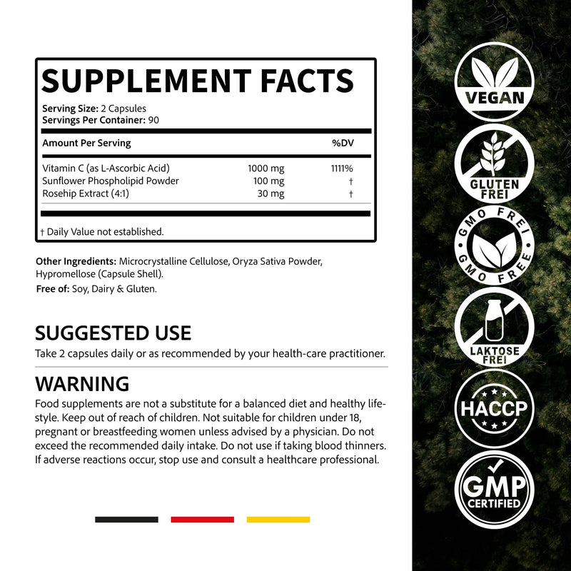 Vitamin C 1000 mg per Daily Serving with Sunflower Phospholipid Powder and Rosehip Extract – 180 Vegan Capsules – Higher Bioavailability, German Lab-Tested, and Free from Additives