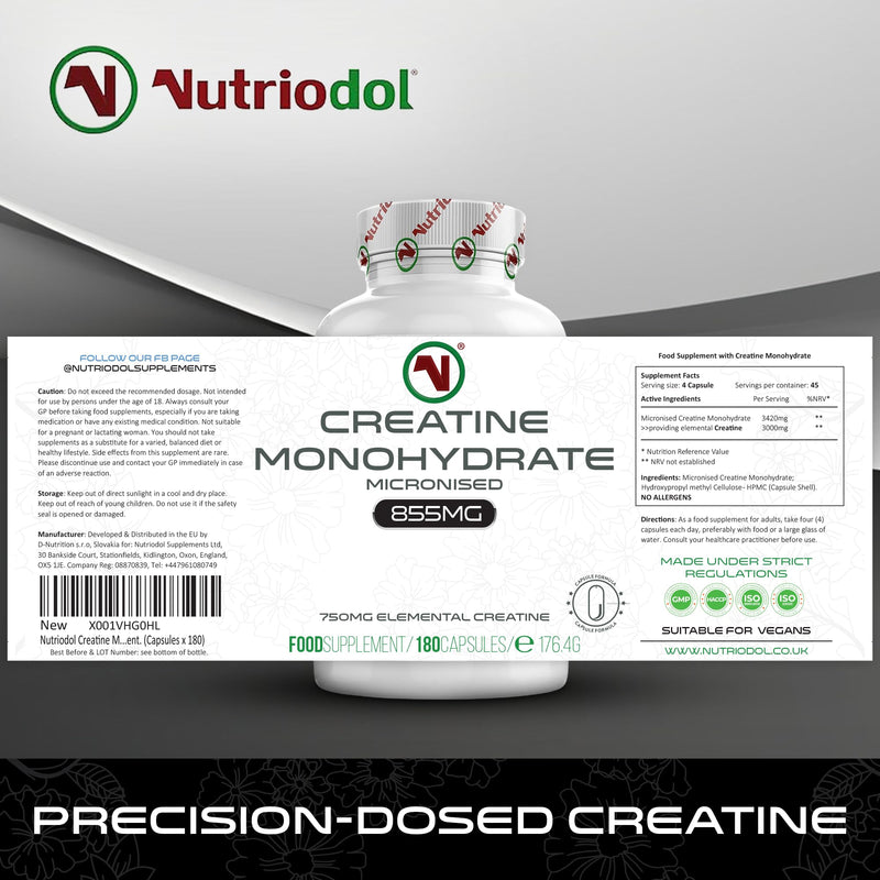 Creatine Monohydrate Capsules – Pre Workout & Post Workout Supplement for Muscle Performance & Recovery – 750mg Elemental Creatine Per Capsule – 4 Per Day. (Capsules x 180)