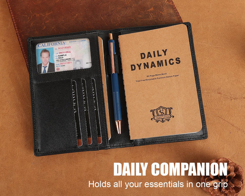 STAR VISTA Luciano Leather Pocket Journal Cover for 3.5" x 5.5" Field Notes or Moleskine Cahier, Travel Passport Wallet with RFID Blocking, 6 Card Slots, 2 Notebooks & Pen Included, Black