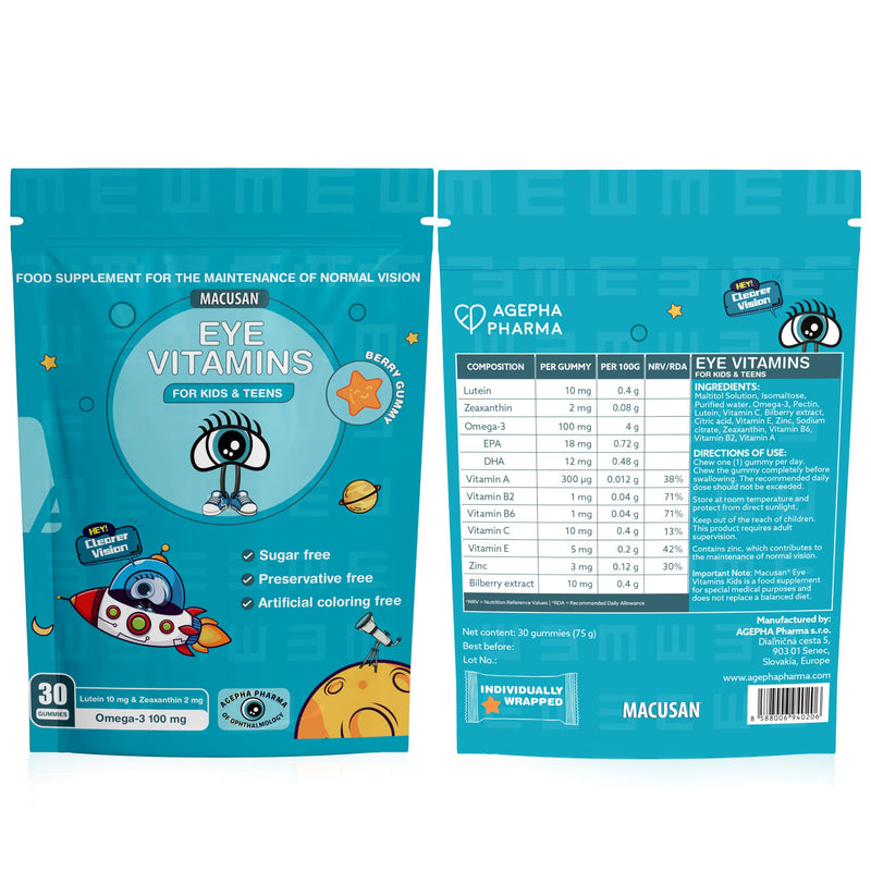 Macusan® Eye Health Gummies for Kids & Teens – Vision Support & Blue Light Protection with Omega-3, Lutein & Essential Vitamins – Sugar-Free, Berry Flavor – 30 Gummies